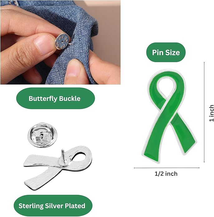 Green Ribbon Awareness Pins - Wholesale Pack Pins for Cerebral Palsy, Glaucoma, Mental Health, Bipolar Disorder, Organ Donation, Liver Cancer- Perfect for Gift-Giving and Fundraising