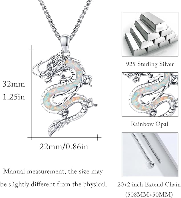 REDSUN 925 Sterling Silver Dragon Pendant Necklace Viking Dragon with Obsidian/Opal Protection Jewelry Gifts for Men Women Her Him Birthday Valentines Day Gifts
