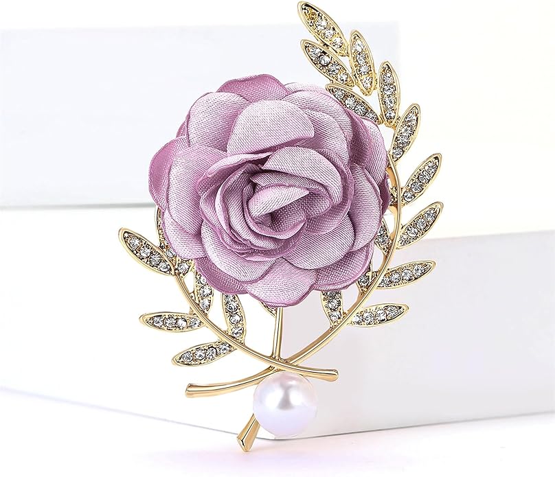 Rose Brooch for Women,Dainty Satin Fabric Flower Lapel Pins Vintage Elegant Pearl Brooches Handmade Crystal Pearl Pins Silk Camellia Safety Collar Pin Dress Suit Accessories Wedding Bridal Bouquet Jewelry