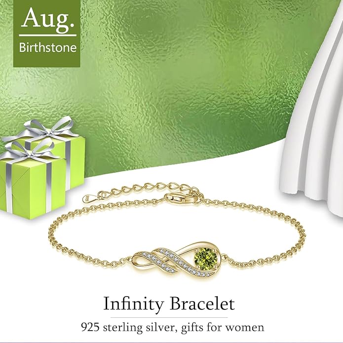 Birthstone Bracelets for Women 925 Sterling Silver Created Gemstone Bracelet Infinity Pendant Jewelry for Her, 6.7"+1.2"