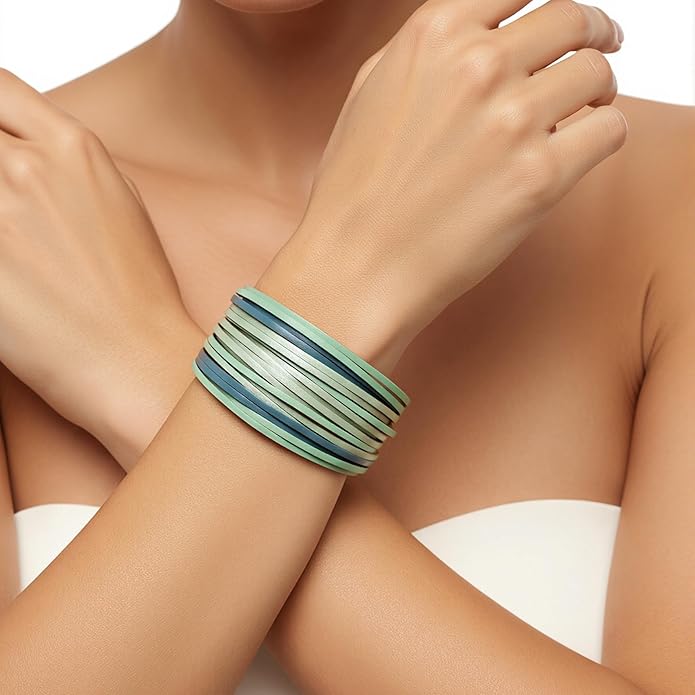 Edoneery Leather Wrap Bracelet for Women, Boho Handmade Multi-Layer Cuff with Crystal Beads Heart, Stackable Bangle Western Jewelry Gift