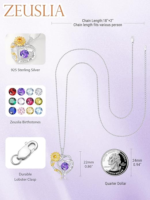 Zeuslia Double Birthstone Necklace Gifts for Wife - 925 Sterling Silver Sunflower/Rose/Crown Cross/Compass/Heart Pendant I Love You Necklace, Anniversary Birthday Gifts for Wife Girlfriend Mom Her