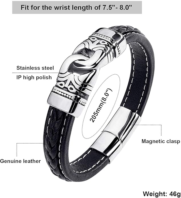 Mens Leather Bracelet,Braided Leather Wristband Cuff Bracelets Stainless Steel Clasp,Jewellery Gift for Men