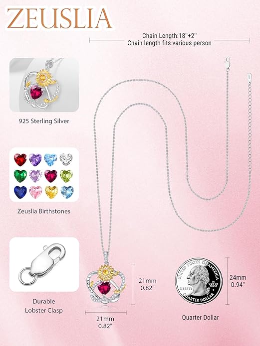 Zeuslia Double Birthstone Necklace Gifts for Wife - 925 Sterling Silver Sunflower/Rose/Crown Cross/Compass/Heart Pendant I Love You Necklace, Anniversary Birthday Gifts for Wife Girlfriend Mom Her