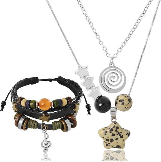 Multilayer Y2k Star Necklace Fairy Grunge Bracelets Set Handmade Fairycore Grunge Jewelry Gothic Swirl Star Necklace Punk Rock Roll Music Guitar Grunge Accessories for Women Men