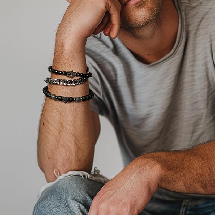 3pc Mens Beaded Bracelets Silver Stainless Steel Chain Bracelet for Men Handmade Braided Bracelet Sets Jewelry Gifts for Men