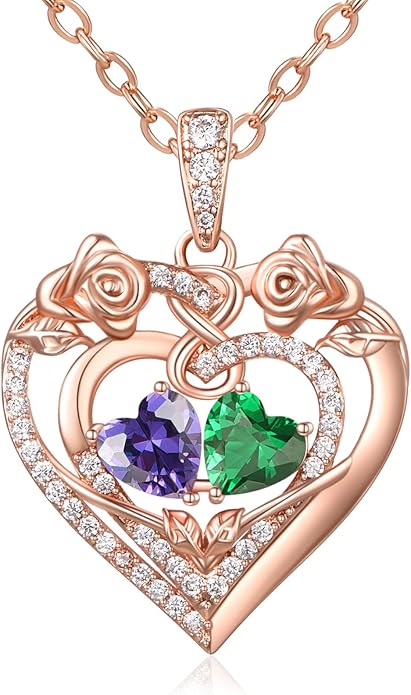 JIYVY32 Rose Heart Necklace for Women Exquisite 925 Sterling Silver Anniversary Birthday Gifts for Wife Mom Her Double Birthstone Pendant Jewelry