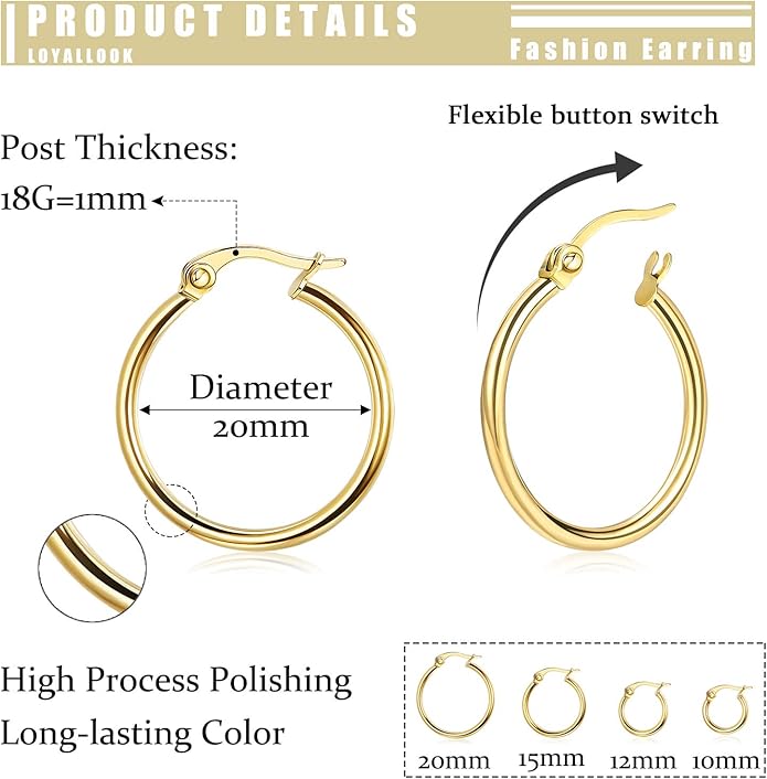 LOYALLOOK Gold Hoop Earrings Set Stainless Steel Rounded Small Hoop Earrings Set for Women Cute Huggie Earrings Nickel Free 10/12/15/20MM