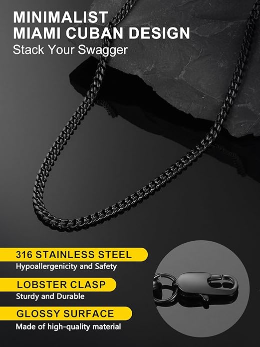 ChainsPro Chunky Miami Cuban Link Chains for Men,Stainless Steel Cuban Chain Necklace,4.8/6/10/14mm Width,No Tarnish& Thick Hip Hop Jewelry,18-30 inch Length, Black/Gold Plated/Silver,Send Gift Box