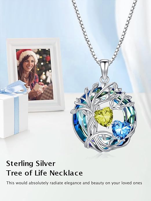 TOUPOP s925 Sterling Silver Family Celtic Tree of Life Pendant Necklaces with 2 Heart Birthstone with Blue Austrian Crystal Jewelry Birthday Anniversary Christmas Gifts for Her Wife Girlfriend Mom (18K Real White Gold Filled)