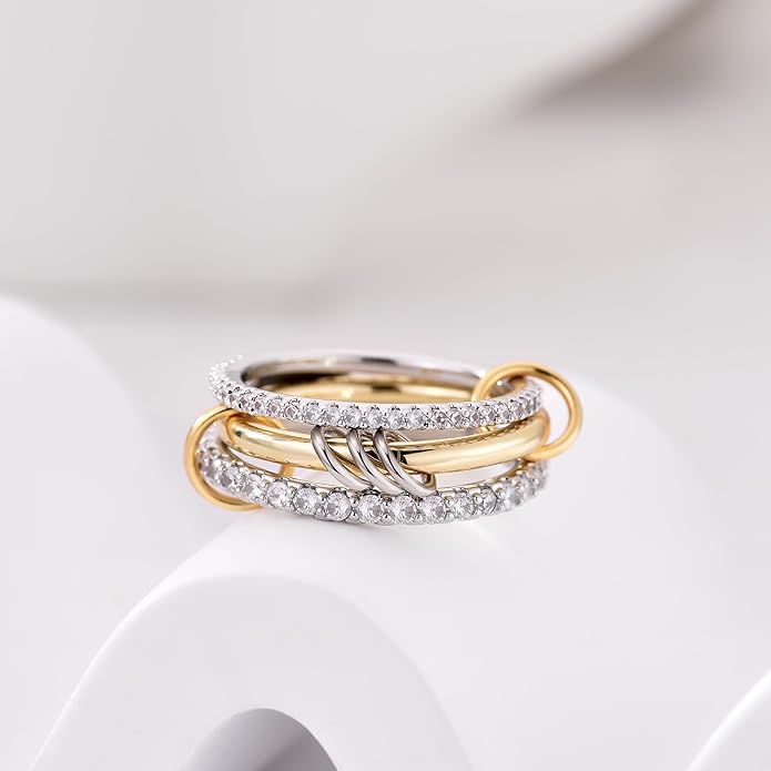 Canboer 14K Gold Plated Interlocked Stackable Rings for Women Non Tarnish,Gold and Silver Cubic Zirconia Statement Rings Set,Mixed Metals Ring Two-Toned Connected Bands Stacking Jewelry