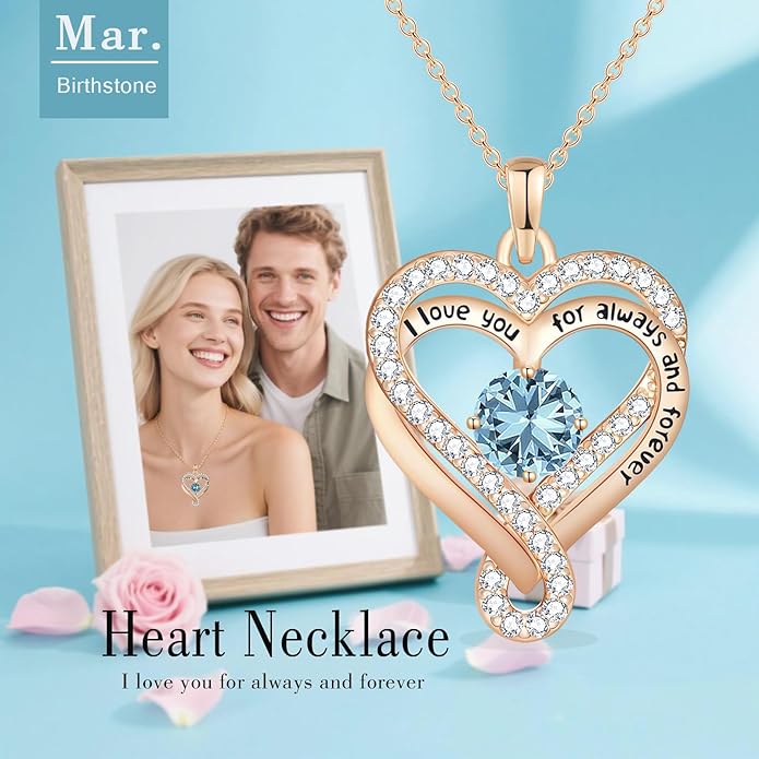 Birthstone Heart Necklaces for Women, Infinity Pendent S925 Sterling Silver Jewelry for Women, Wedding Anniversary, Birthday Mother’s Day Gifts for Mom, Mother, Wife, Girlfriend