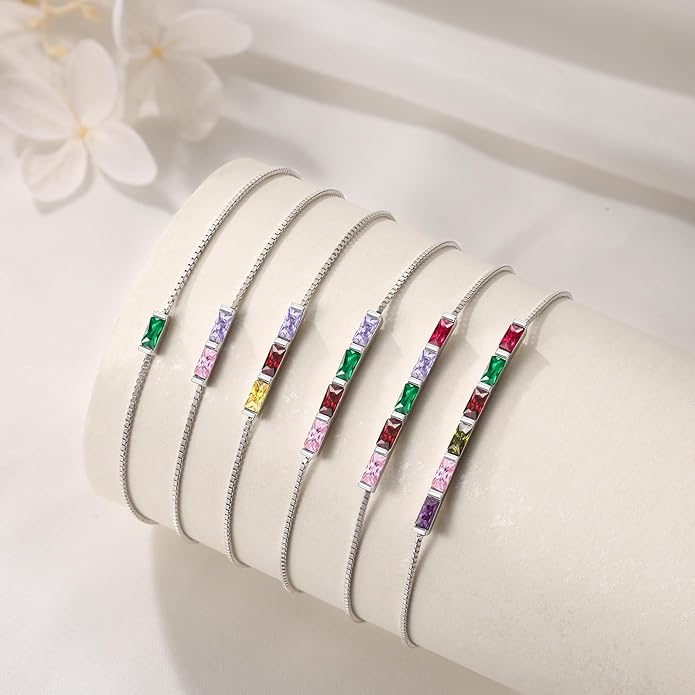 925 Sterling Silver Personalized Mom Birthstone Bracelets for Women — Custom Adjustable Dainty Jewelry for Mother’s Day, Birthday, Christmas Gifts for Mom Grandma Wife