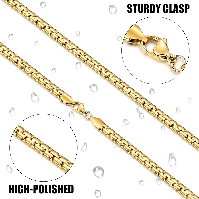 Fiusem Flat Box Chains for Men, 14k Gold Plated Stainless Steel Chain Necklace, 2.5/3/4/4.5/5mm Necklaces for Men and Women 16-28 Inch