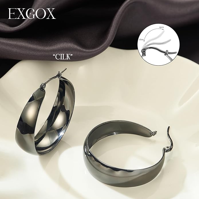 EXGOX Gold Hoop Earrings for Women Sterling Silver Post Hoops Earrings for Women Wide Thick Silver Hoop Earrings Hypoallergenic Lightweight 14k Real Gold Plated Hoop Large Earrings (25/30/40/50MM)