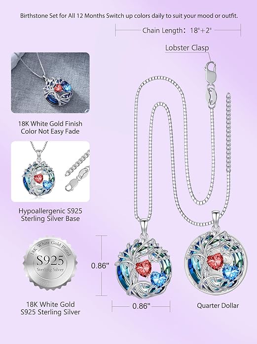 TOUPOP s925 Sterling Silver Family Celtic Tree of Life Pendant Necklaces with 2 Heart Birthstone with Blue Austrian Crystal Jewelry Birthday Anniversary Christmas Gifts for Her Wife Girlfriend Mom (18K Real White Gold Filled)