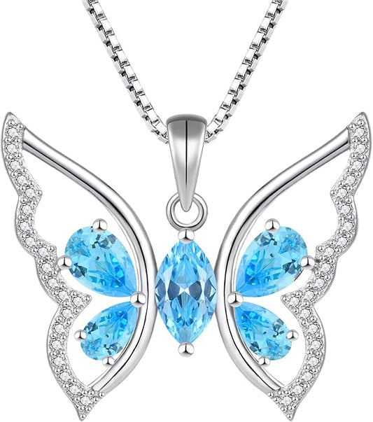 YL Women's Butterfly Necklace 925 Sterling Silver Flower Rose Pendant Birthstone Halo Jewelry