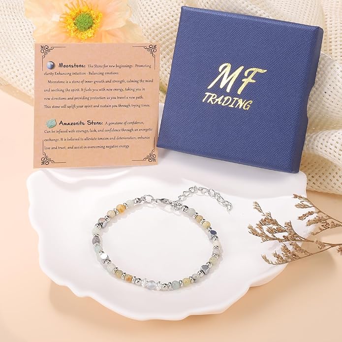 Moonstone Beaded Bracelet for Women - Calming & Empowering Healing Crystal Jewelry, Adjustable Chakra Balancing Gift for Mom, Sister, Daughter - Birthday Christmas