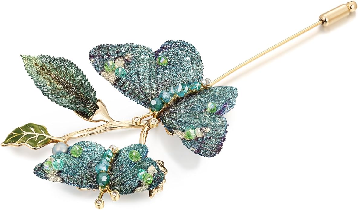 Handmade Embroidery Flower Brooch Pins for Women, SHE'S FREE STYLE JUST FOR YOU Luxury Gradient Stitching Floral Brooch Pins with Crystal stamen, Enamel Metal Butterfly with Green Leaves, Hand Dripping Oil Jewelry pins