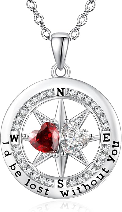 JIYVY32 Compass Birthstones Necklace for Women, Exquisite S925 Necklace Anniversary Birthday Gifts for Wife Her Double Birthstone Pendant jewelry ‘I'd be Lost Without You’