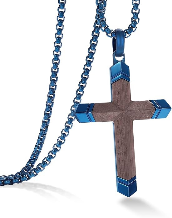 GTMJ Cross Necklace for Men -Stainless Steel & Wood Adjustable Box Chain 24-26in, Spiritual Jewelry Gift for Him, Everyday Wear