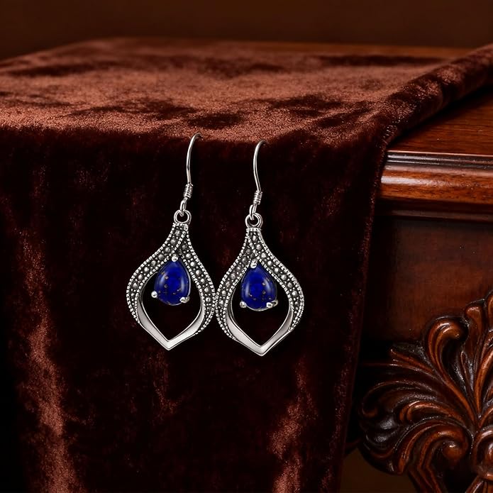 Vintage Genuine Gemstone Earrings for Women Dangling 925 Sterling Silver Western Native American Style Jewelry for Wife Mother