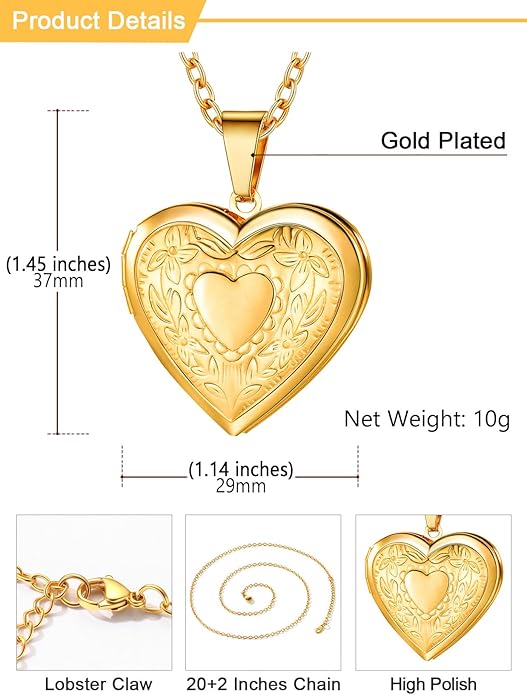 U7 Women Locket Necklace Platinum 14K Gold Photo Lockets that Hold Picture,Chain 20 Inch Personalized Gift Custom Love Heart Image Necklaces