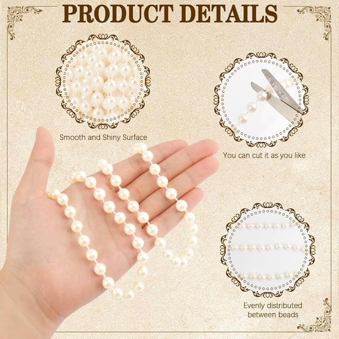 Pearl Beads Garland, 8mm String of Pearls, 32.8FT Pearl Garland for Christmas Tree, Christmas Faux Pearls Strand Roll for DIY Craft Xmas Wedding Party Supplies Flowers Decoration (Ivory)