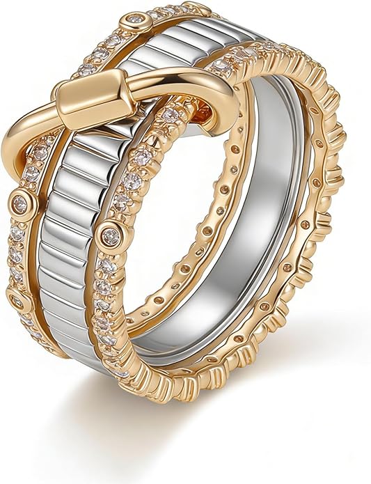GT YIFU Statement Rings for Women, 18k Gold Plated Stackable Cubic Zirconia Rings, Silver Gold Multi Ring Mixed Metals Stackable Ring Set for Women Non Tarnish
