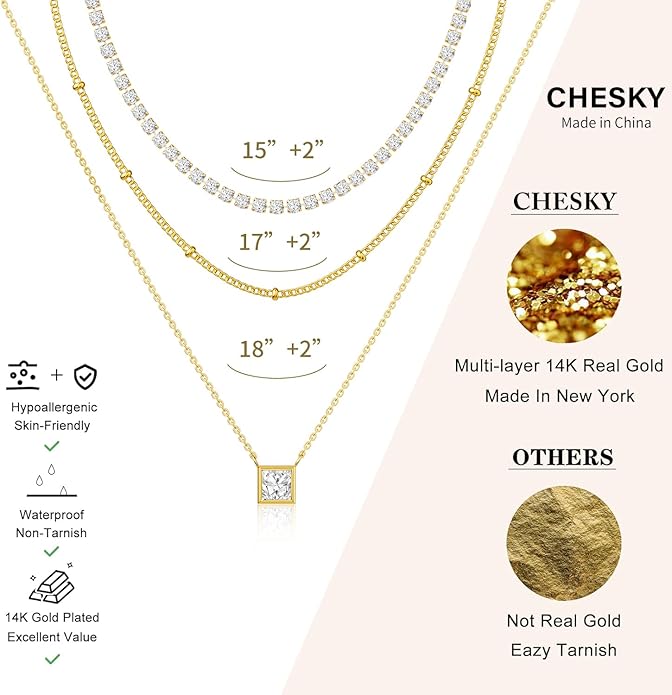 CHESKY 14K Gold Plated Layered Necklaces for Women,Dainty Gold/Silver Plated Chain Necklace CZ Pendant Necklace Adjustable Layering Choker Necklace jewelry Gifts