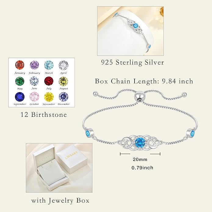 Infinity Celtic Knot Bracelet 925 Sterling Silver Birthstone Bracelet Irish Jewelry for Women