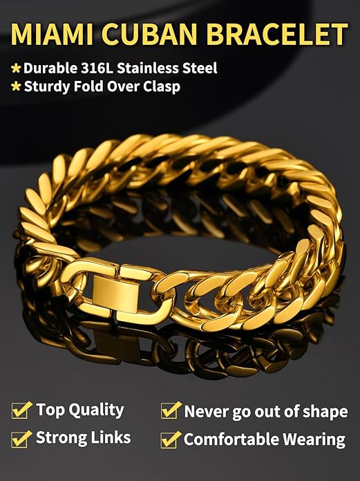 ChainsHouse Stainless Steel Cuban Link Bracelet, 8mm/12mm/17mm Width, 7.5"/8.3"/9", 18K Gold Plated Chain Wrist Bracelets for Men Women, Send Gift Box
