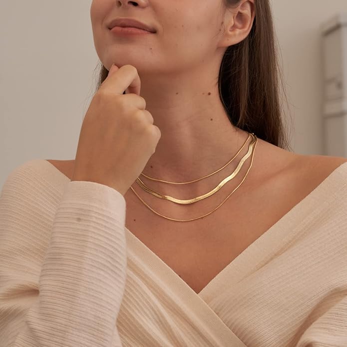 CHESKY 14K Gold/Silver Plated Snake Chain Necklace Herringbone Necklace Gold Choker Necklaces for Women Gifts Jewelry 1.5/3/5MM(W) 14"/16"(L)