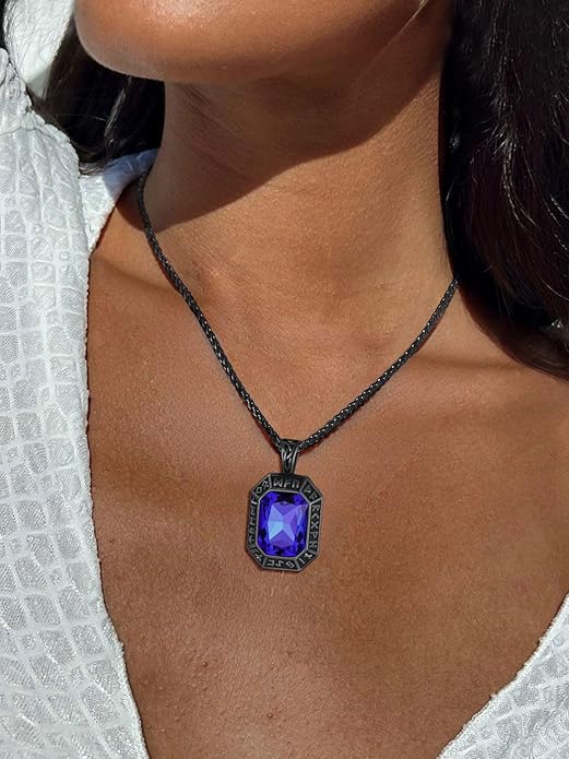 ChainsHouse Viking Rune Pendant Necklace for Men Women, Punk Biker Black Metal/316L Stainless Steel Onyx Norse Vintage Amulet Necklaces with Black/Red/Green/Blue Gemstone, Send Gift Box