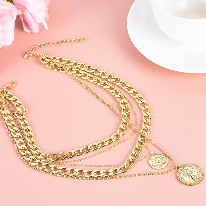 MJartoria Layered Necklaces for Women Trendy Retro Coin Pendant Necklace Dainty Chunky Chain Choker Necklaces for Jewelry Birthday Gifts