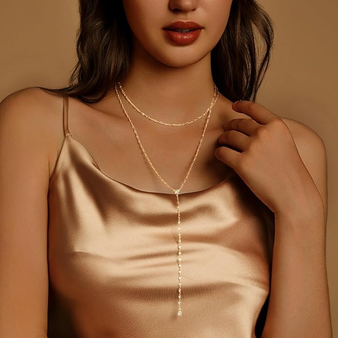 Luxval Lariat Gold Necklace for Women, Dainty Long Necklace 14k Gold Plated/Silver Y-Shaped Pendant Necklaces Trendy Beaded Chain Drop Necklaces Jewelry for Women Gifts