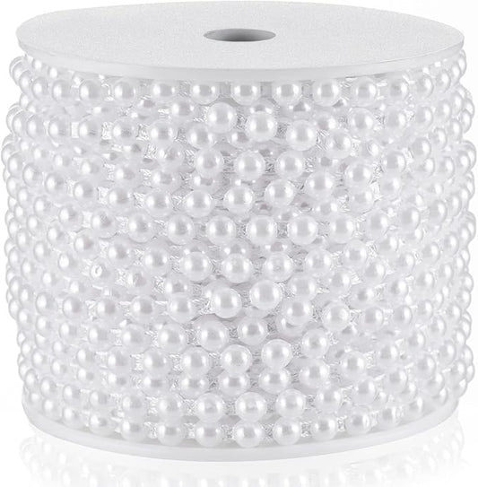 Half-Round Pearl Bead Garland String 27 Yards, 6MM Flat Pearl Beaded Spool Roll Crafts for Wedding Party Decoration(White)