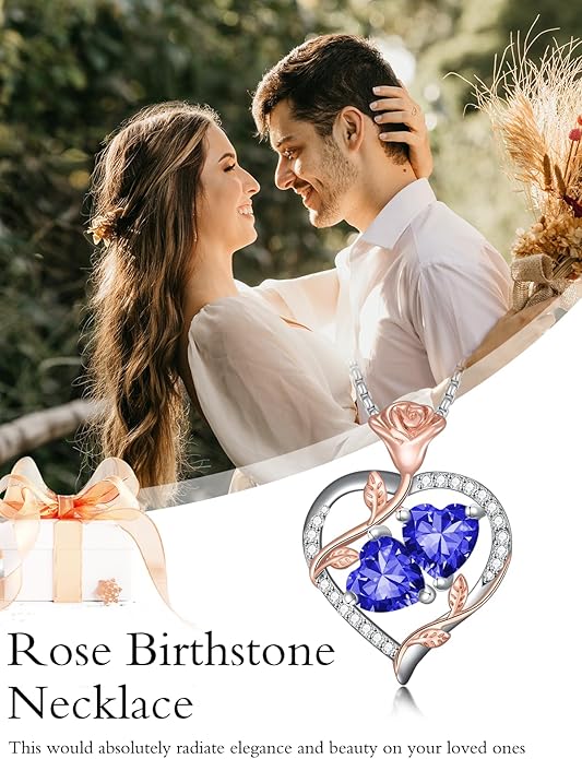 Christmas Gifts for Women Rose Heart Birthstone Pendant Necklace I Love You Forever Jewelry Valentine Mothers Day Birthday Gifts for Women Her Wife Girlfriend