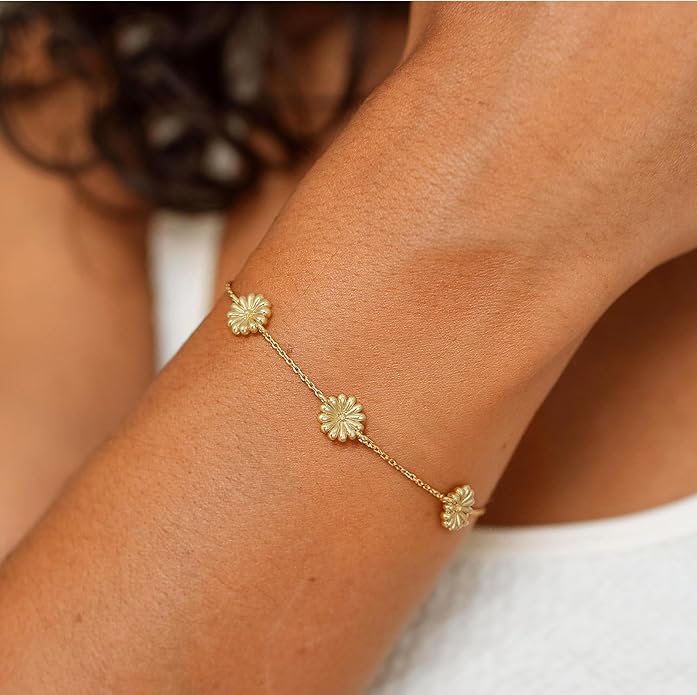Gold Bracelets for Women,14K Dainty Gold Plated Bracelets Non Tarnish Waterproof Diamond Bracelets Heart Flower Round Square CZ Charm Bracelet Trendy Stuff Jewelry Gifts for Her