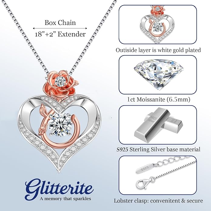 1 Carat Moissanite Necklace for Women, 925 Sterling Silver Rose Heart Pendant Necklace Moissanite Diamond Necklace, Birthday Gift Anniversary Present for Wife, Girlfriend, Daughter, Mom