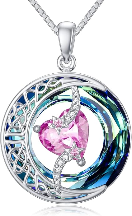 TOUPOP Christmas Gifts Birthstone Necklace 925 Sterling Silver Moon and Star Pendant with Blue Crystal Celtic Moon Jewelry Birthday Gifts for Women Mom Wife Her Daughter
