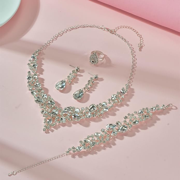 Paxuan Crystal Bridal Wedding Jewelry Sets for Women Rhinestone Teardrop Crystal Statement Choker Necklace Drop Earrings Link Bracelets Rings Teardrop Jewelry Set for Brides Bridesmaids