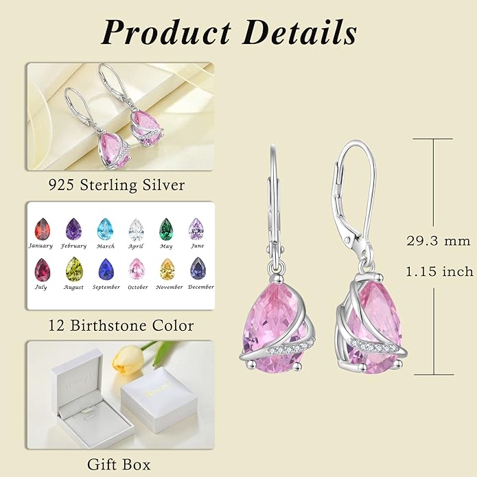 Birthstone Dangle Drop Earrings for Women 925 Sterling Silver Teardrop Leverback Earrings Jewelry Gifts for Wife Mother Her