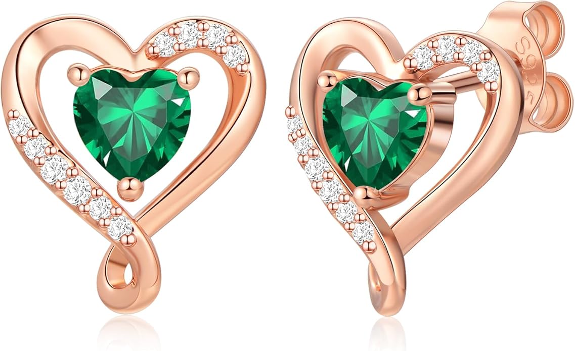 Earrings for Women, S925 Sterling Silver Rose Gold Birthstone Heart Studs Earring for Girlfriend Wife, Anniversary Birthday Christmas Valentines Mothers Day Gifts Jewelry for Women Wife Her Mom