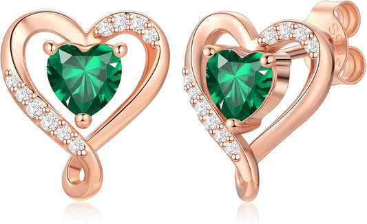 Earrings for Women, S925 Sterling Silver Rose Gold Birthstone Heart Studs Earring for Girlfriend Wife, Anniversary Birthday Christmas Valentines Mothers Day Gifts Jewelry for Women Wife Her Mom