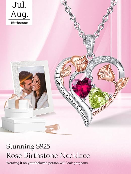 Zeuslia Double Birthstone Necklace Gifts for Wife - 925 Sterling Silver Sunflower/Rose/Crown Cross/Compass/Heart Pendant I Love You Necklace, Anniversary Birthday Gifts for Wife Girlfriend Mom Her