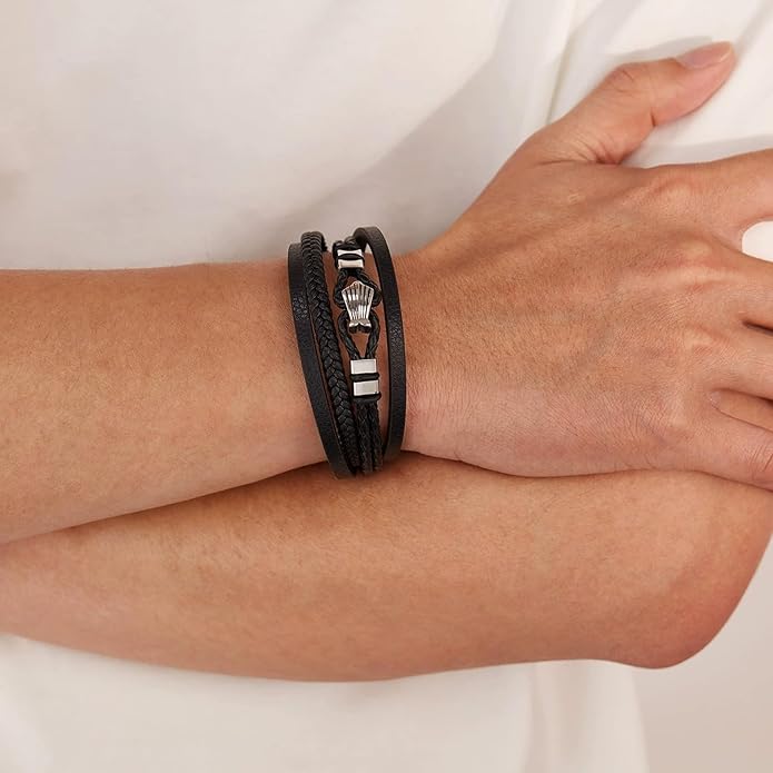 Italian Handmade Genuine Leather Bracelets for Men Stainless Steel Clip, Men's Casual Genuine Multi-layer Cuff Bracelet, Bracelet Gift for Real Men