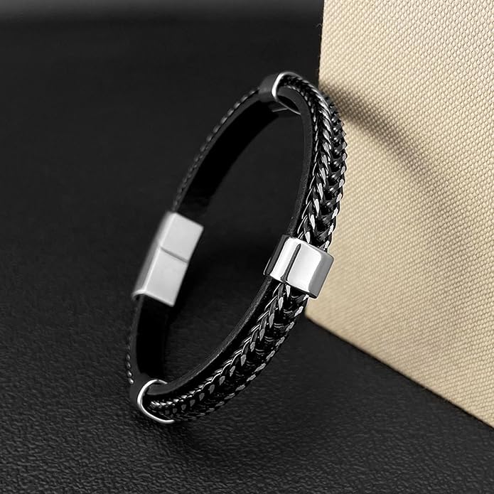 Italian Handmade Genuine Leather Bracelets for Men Stainless Steel Clip, Men's Casual Genuine Multi-layer Cuff Bracelet, Bracelet Gift for Real Men