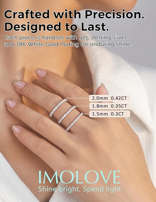 IMOLOVE Lab Grown Diamond Wedding Bands, 0.3-0.42 Carat, Eternity Rings in 18K White Gold & Sterling Silver Size 4-11