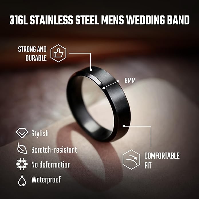 KeyUnity Men's 8mm Titanium Black Wedding Band - Matte Stainless Steel Comfort Fit Engagement Ring, Size 6-13